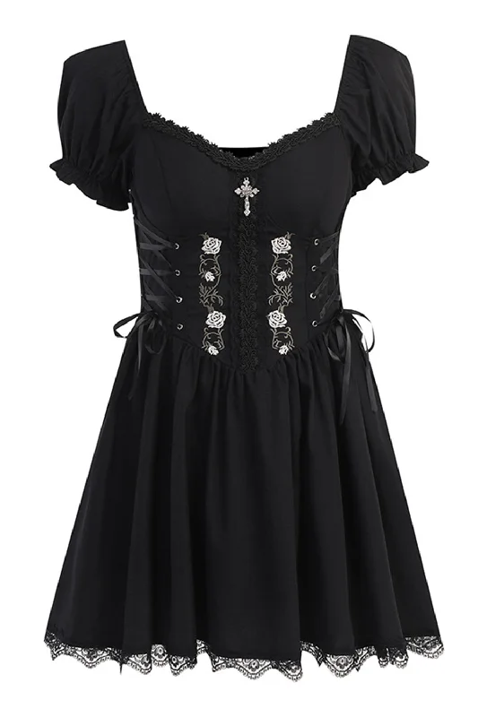 Shop Before It’s Gone!Puff Sleeves Black 1950s Dress with Lace
