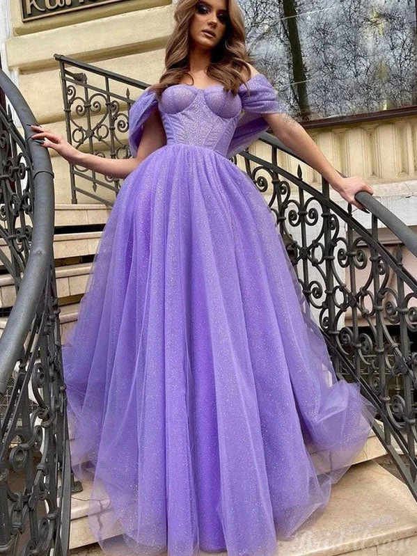 Shop Early, Save Big!Purple Off the Shoulder A-line Sparkly Tulle Modest Party Long Prom Dresses PD362 Shop Early, Save Big!Purple Off the Shoulder A-line Sparkly Tulle Modest Party Long Prom Dresses PD362