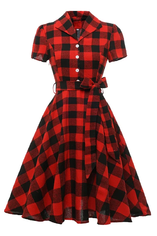 Save Like Never Before!Red Plaid Short Sleeves Vintage Dress