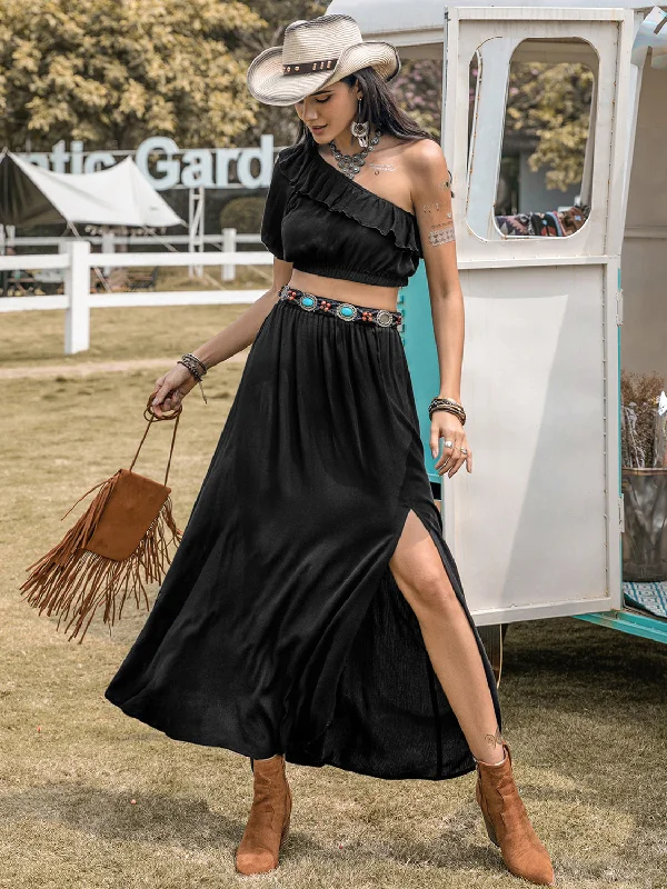 Shop Early, Save Big!Ruffled Single Shoulder Top and Slit Skirt Set