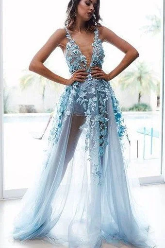 Save Money, Shop Happy!See-through Floral Lace Prom Dress with Deep V Neckline