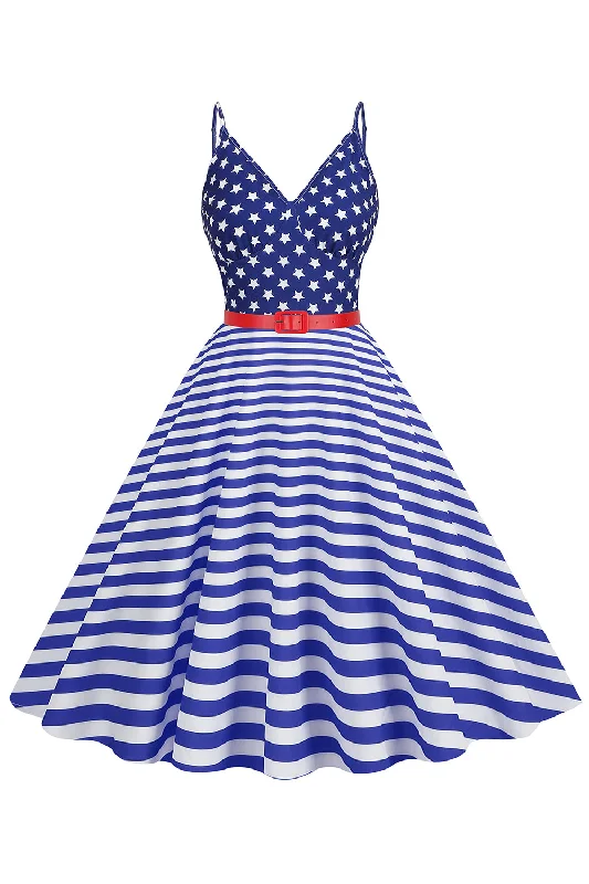 Time to Snag a Bargain!Spaghetti Straps Blue Stripe Star Vintage Dress With Belt