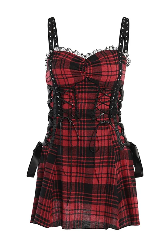 Get More, Spend Less – Shop Now!Spaghetti Straps Plaid Red Vintage Dress with Lace Get More, Spend Less – Shop Now!Spaghetti Straps Plaid Red Vintage Dress with Lace