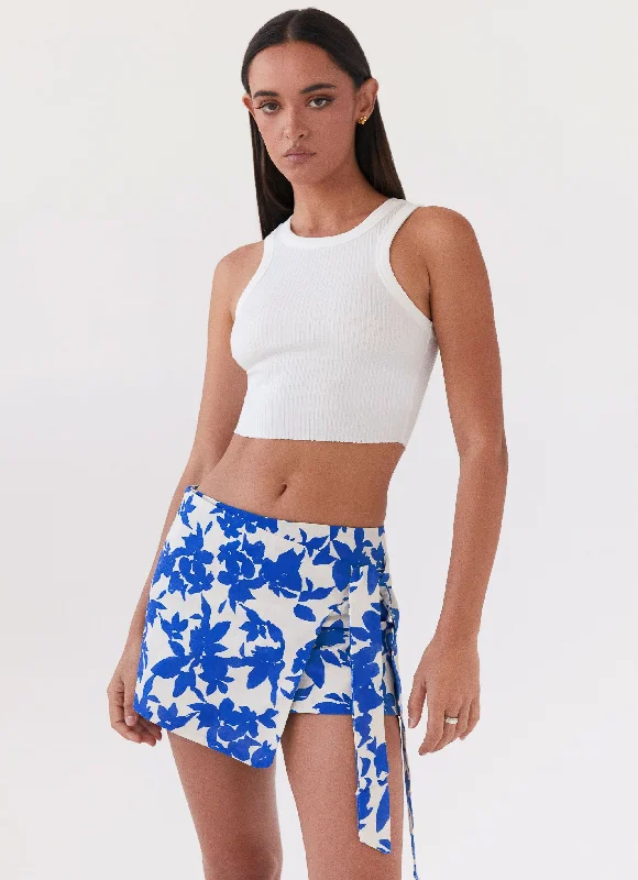 Massive Price Cuts!Steal Away Linen Wrap Skirt - Blue Floral