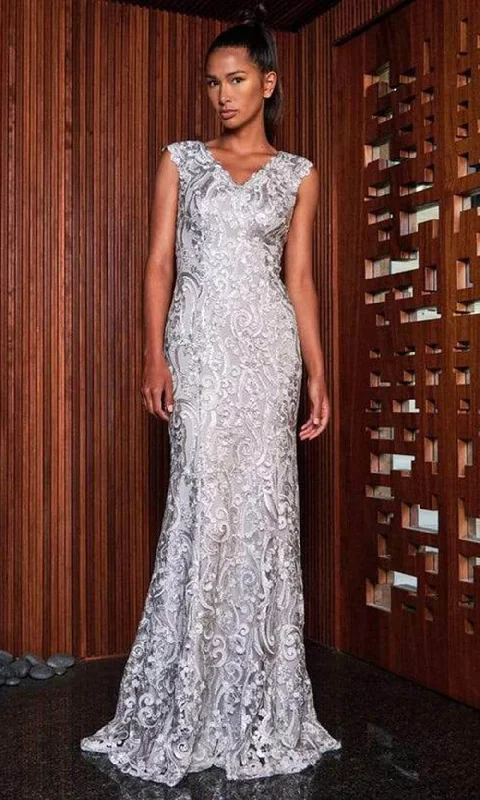 Limited Edition, Limited Price!Tadashi Shoji - Sleeveless Pleated Lace Evening Gown BPP1345LX - 1 pc Silver In Size 16 Available Limited Edition, Limited Price!Tadashi Shoji - Sleeveless Pleated Lace Evening Gown BPP1345LX - 1 pc Silver In Size 16 Available