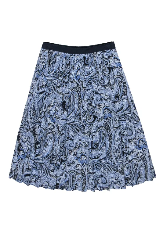 Buy More, Pay Less!Trina Turk - Navy Silk Paisley Pleated Midi Skirt Sz 4