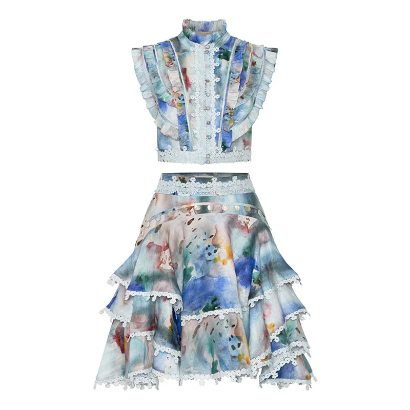 Limited Stock Available!TWOTWINSTYLE Short Set Women Patchwork Ruffles Tops High Waist Cascading Skirts Fall Clothing For Women Limited Stock Available!TWOTWINSTYLE Short Set Women Patchwork Ruffles Tops High Waist Cascading Skirts Fall Clothing For Women