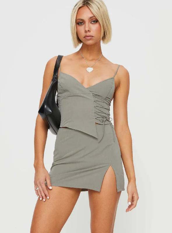 Every Deal is a Steal!Untouched Lace Up Mini Skirt Grey