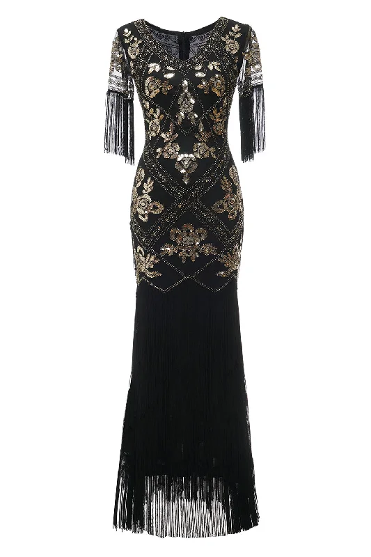 Must-Have Deals Inside!V Neck Black Long 1920s Flapper Dress with Sequins and Fringes Must-Have Deals Inside!V Neck Black Long 1920s Flapper Dress with Sequins and Fringes