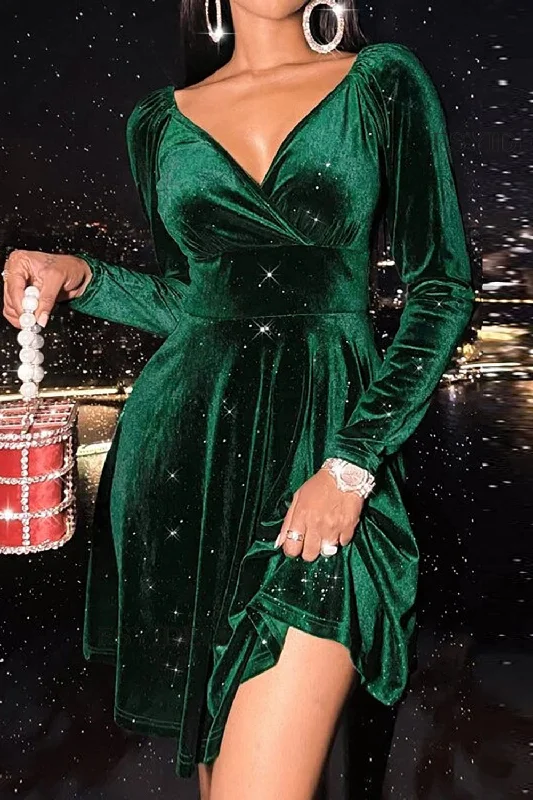 Shop Today, Save Tomorrow!V-Neck Green Velvet Christmas Dress