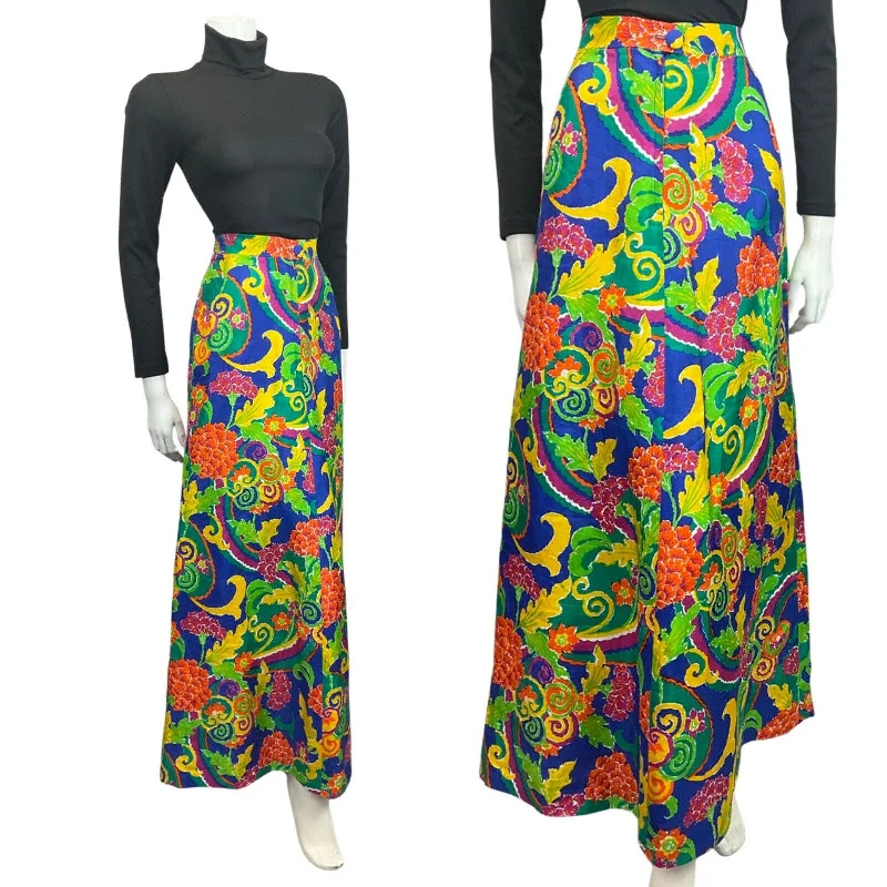 Amazing Prices You Can’t Resist!VINTAGE 60s 70s BLUE GREEN YELLOW PSYCHEDELIC FLORAL SWIRL MOD MAXI SKIRT 10