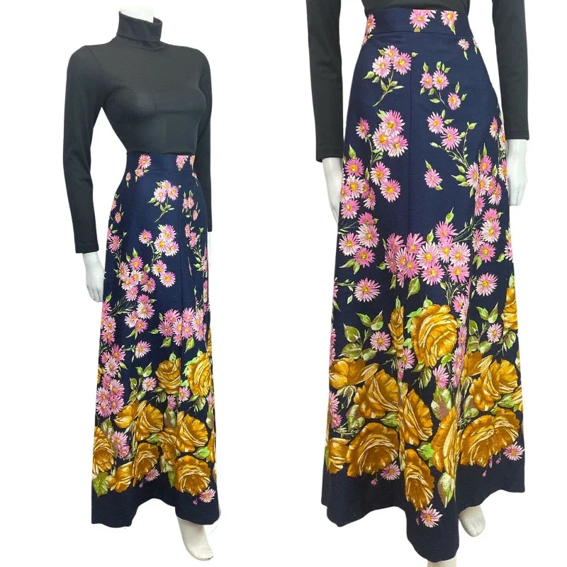 Your Favorite Items on Sale Now!VINTAGE 60s 70s BLUE YELLOW PINK DAISY ROSE FLORAL MOD BOHO MAXI SKIRT 10
