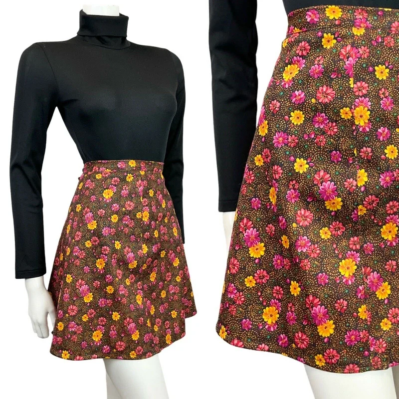 Get More for Less!VINTAGE 60s 70s BROWN PINK YELLOW DOTTY FLORAL A-LINE SHORT SKIRT 8 10 Get More for Less!VINTAGE 60s 70s BROWN PINK YELLOW DOTTY FLORAL A-LINE SHORT SKIRT 8 10