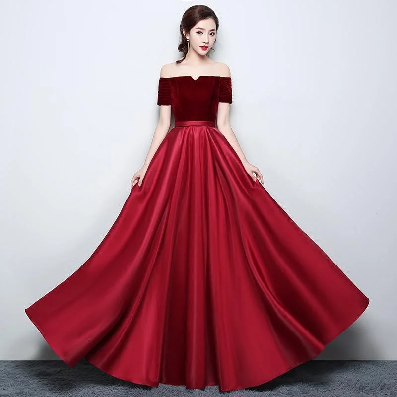 Hurry! While Supplies Last!Wine Red Satin With Velvet Prom Dress, Off Shoulder A-Line Formal Dress Evening Dress   cg20734