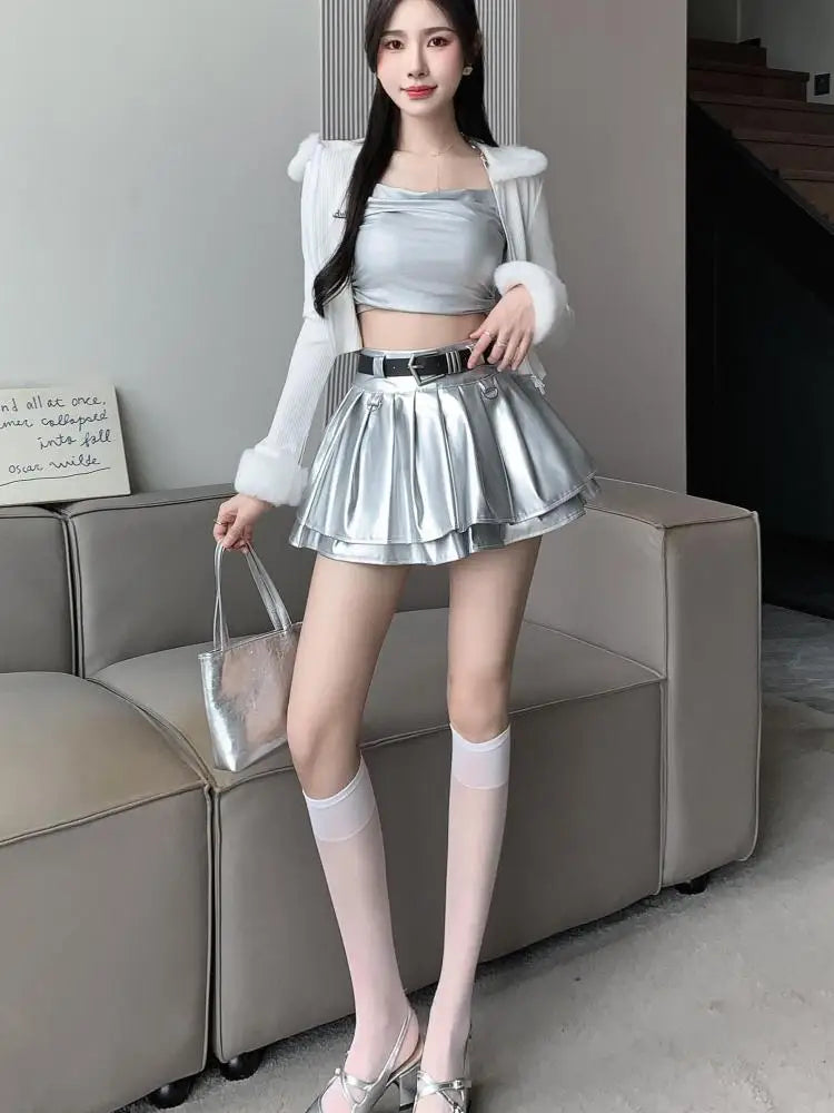 Find the Best Deals Here!With Belt Pleated PU Leather Ball Gown High Waist Slim A-line Skirt