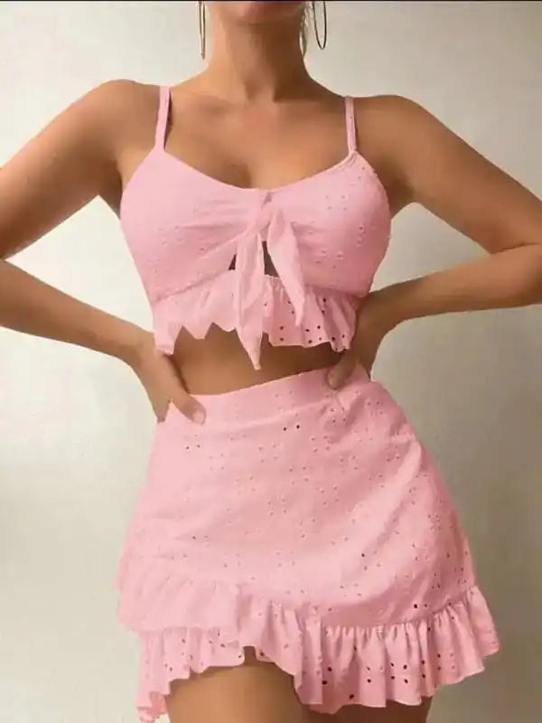 Must-Have Deals Inside!Women’s Solid Color Eyelet Tie Front Ruffle Crop Tank With Matching Ruffle Hem Mini Skirt Must-Have Deals Inside!Women’s Solid Color Eyelet Tie Front Ruffle Crop Tank With Matching Ruffle Hem Mini Skirt