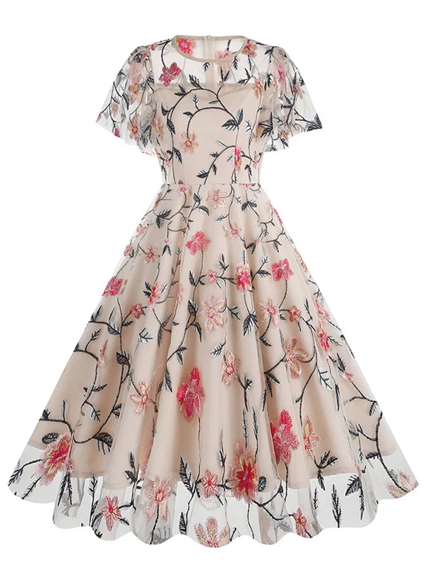 Find the Best Deals Here!1950s Flower Embroidered Mesh Swing Dress