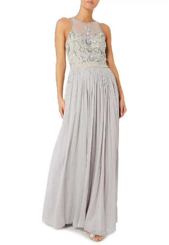 Don’t Wait – Deals Won’t Last!Silver Beaded Top Pleated Tulle Maxi Dress