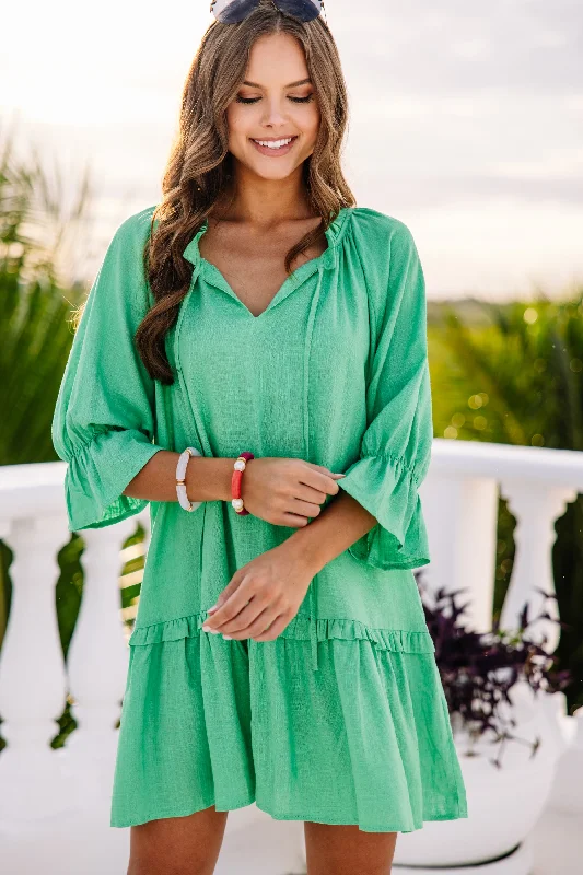 Time to Save Big!Always In The Lead Green Linen Dress