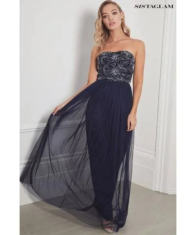 Hot Deals You Can’t Resist!Bandless Navy Beaded Maxi Dress