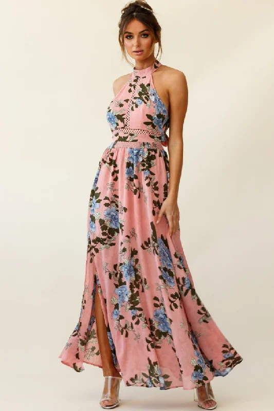 Your Best Deals Are Here!Baylor Floral Halterneck Maxi Dress Pink