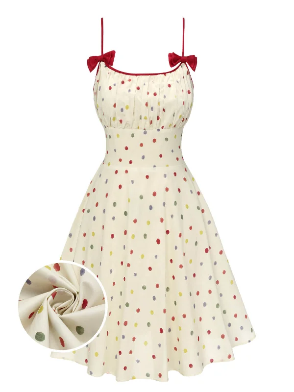 Exclusive Savings This Week!Beige 1950s Polka Dots Bow Straps Dress