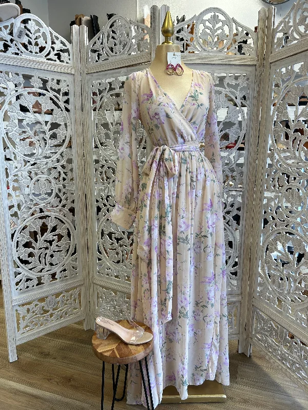 Enjoy Huge Discounts Now!Beige Floral Wrapped Maxi Dress- Slightly Stretchy