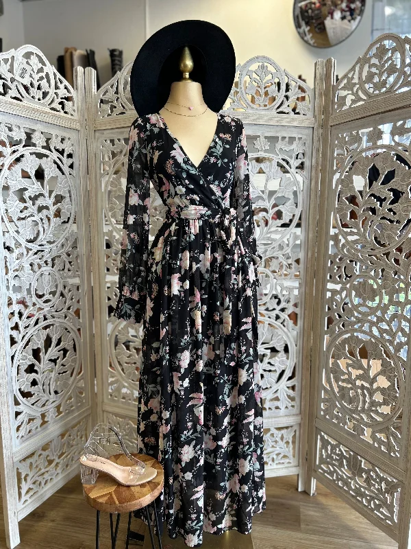Your Exclusive Offer Awaits!Black Floral Wrapped Maxi Dress- Slightly Stretchy