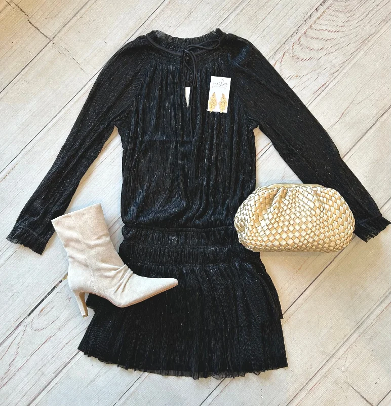 Enjoy Huge Discounts Now!Black Shimmer Long Sleeve Pleated Dress