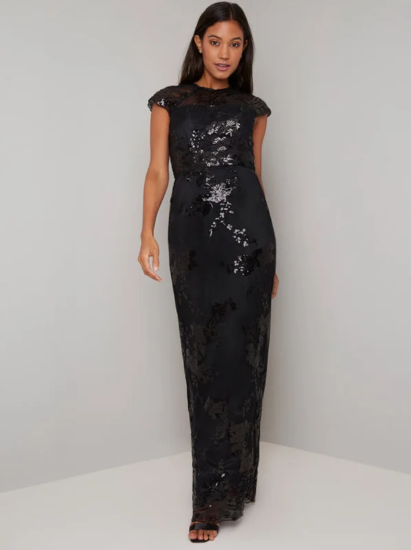 Buy More, Save More!Black Sequin Embellished Fish Tail Maxi Dress