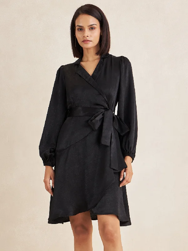 Enjoy Huge Discounts Now!Black Wrap Satin Knee Length Dress