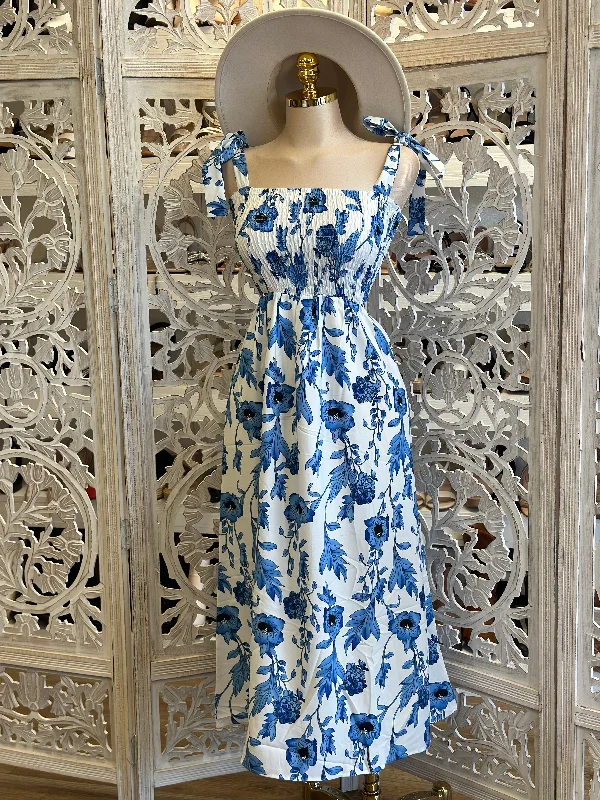 Massive Price Cuts!Blue Floral Bow Strap Maxi Dress- Estira, Stretchy