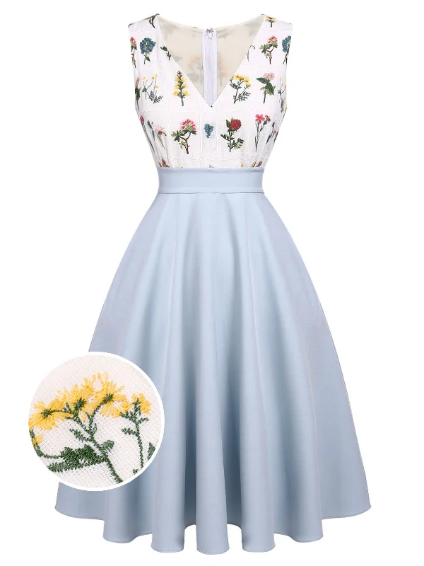Your Favorite Sale is Back!Blue 1950s Embroidery Pockets Swing Dress