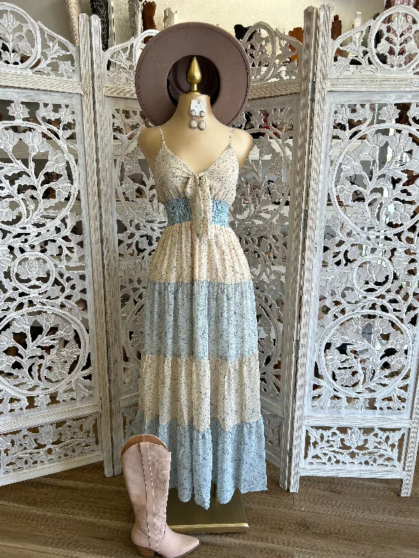 Time to Snag a Bargain!Bow Light Blue Multi Color Floral Maxi Dress-  Not Stretchy