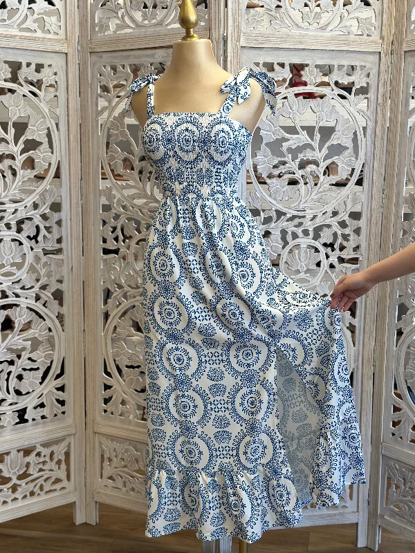 Price Drop Alert!Bow Tie Strap Patterned Maxi Dress- Stretchy