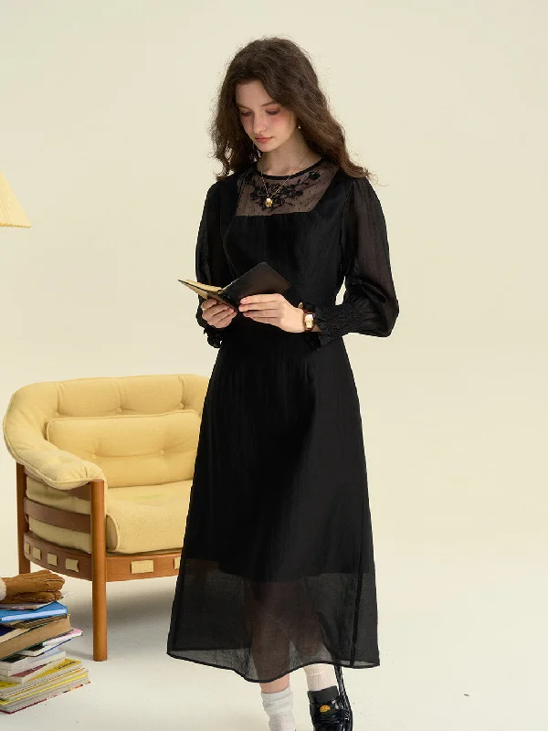 Your Shopping Wish, Our Discount Command!Carolyn Round Neck Mesh Embroidered Trimmed Sleeve Dress