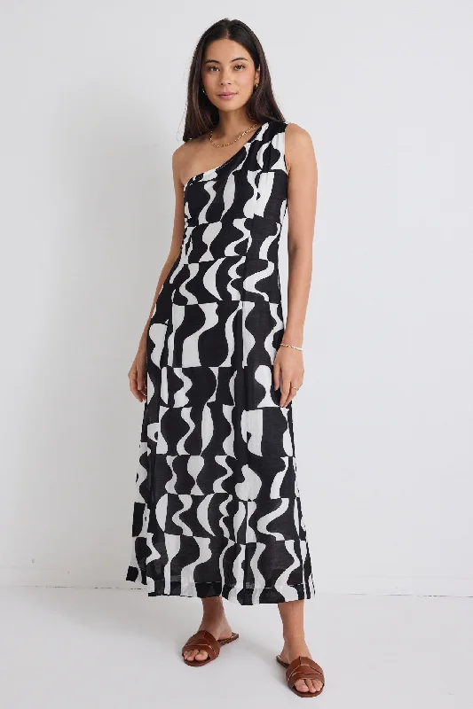 Shop the Hottest Deals!Conscious Black Wave Print One Shoulder Maxi Dress