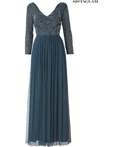 Lowest Prices Guaranteed!Dark Teal Beaded Longsleeve Maxi Dress