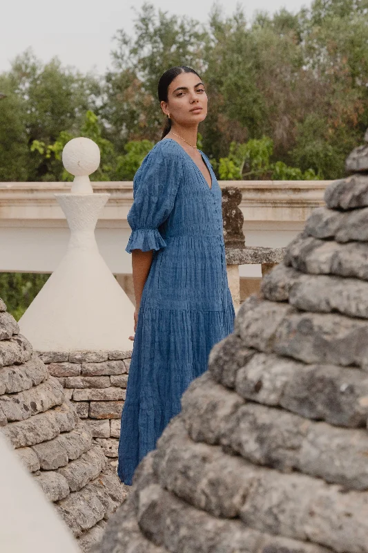 Price Drop Alert!Dreamy Steel Blue Bubble SS Button Front Tiered Maxi Dress
