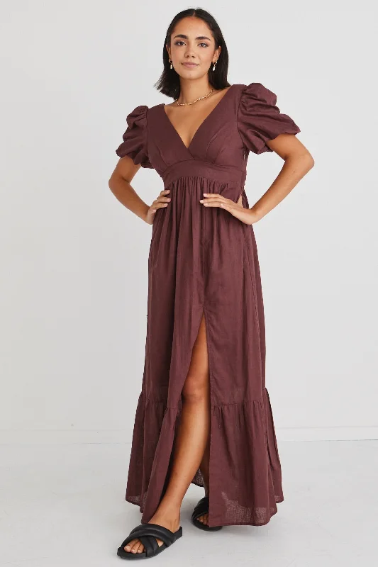 Your Favorite Items on Sale Now!Ever After Raisin Linen Puff Sleeve Maxi Dress