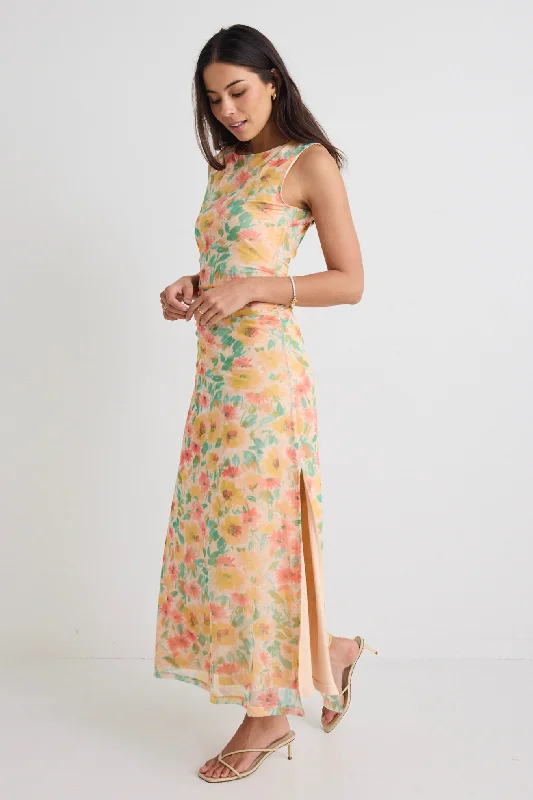 Limited Stock Available!Fast Golden Floral Mesh Boat Neck Sleeveless Maxi Dress