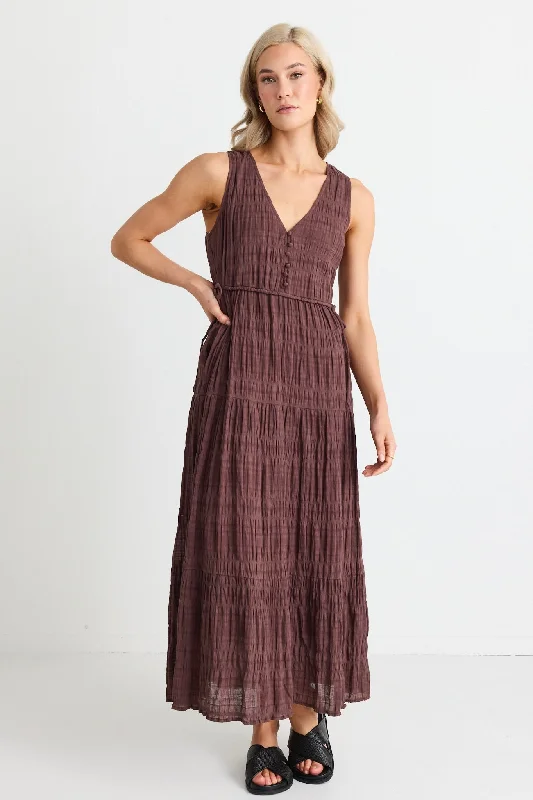 Best Price of the Season!Flora Chocolate V Neck Tie Front Sleeveless Tiered Maxi Dress