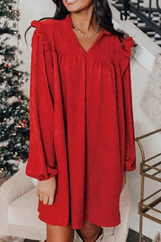 Best Price of the Season!Frill Notched Long Sleeve Dress