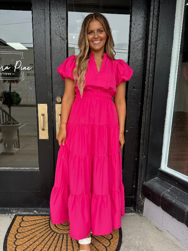 Crazy Discounts Inside!Fuchsia puff sleeve maxi