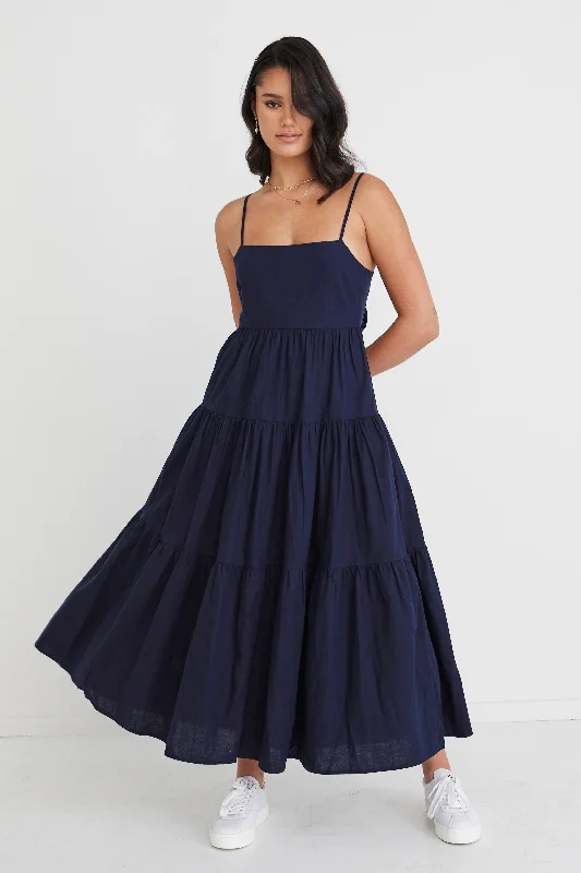 Save Money, Shop Happy!Galaxy Navy Linen Tie Back Tiered Strappy Maxi Dress