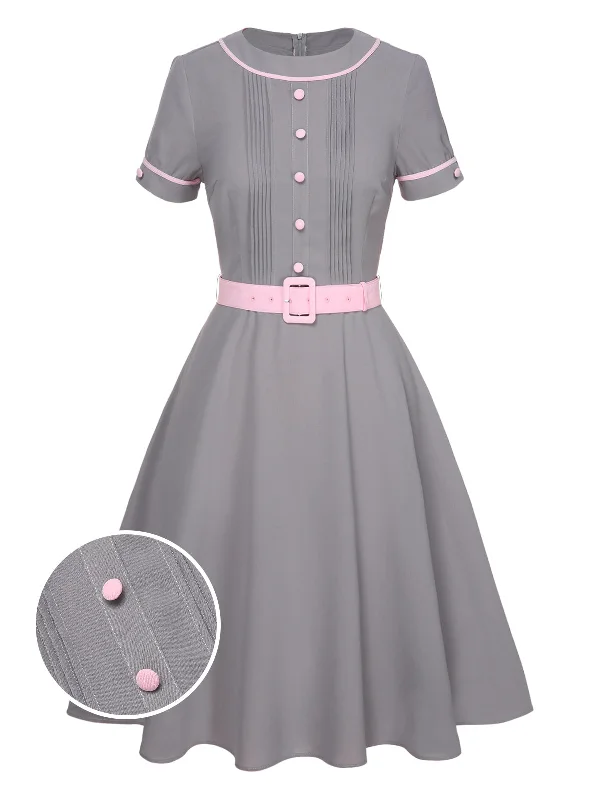 Limited Deals, Unlimited Savings!Gray 1950s Solid Contrast Belted Dress