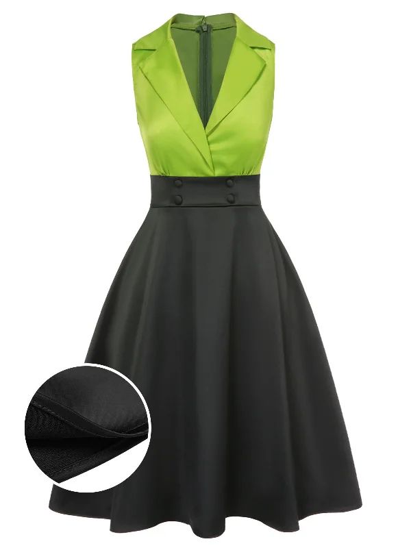 Hurry! While Supplies Last!Green 1950s Satin Lapel Patchwork Dress