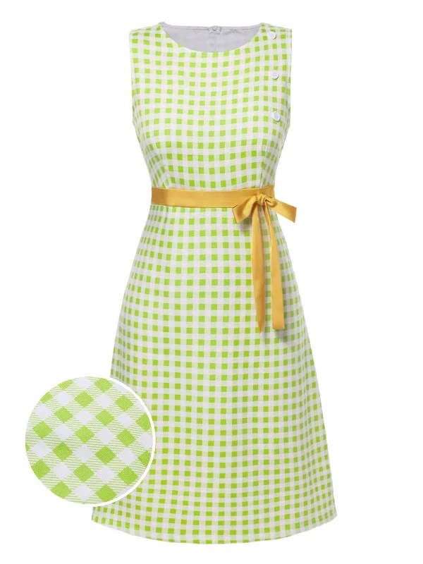 Steals and Deals Await!Green 1960s Waist Tie Gingham Mod Dress