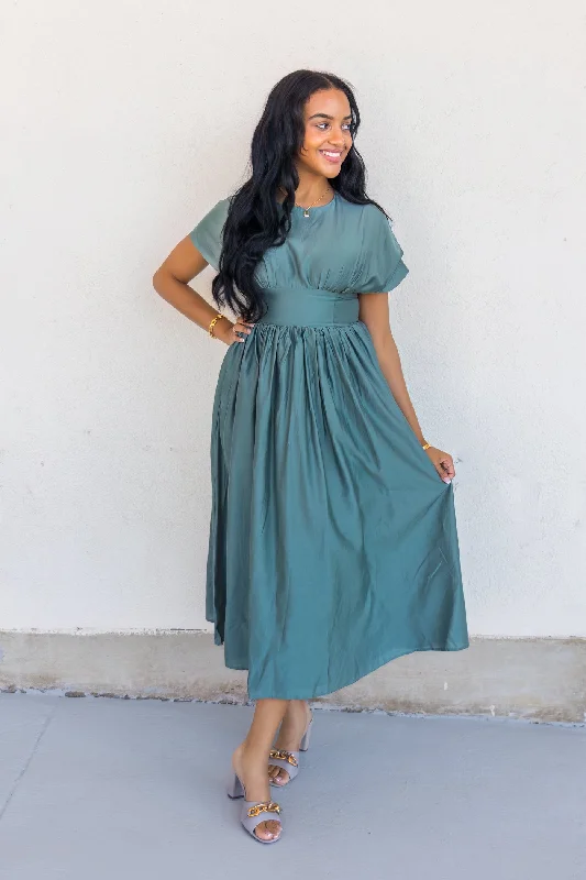 Only a Few Left – Order Now!OLIVIA GREEN SATIN DRESS
