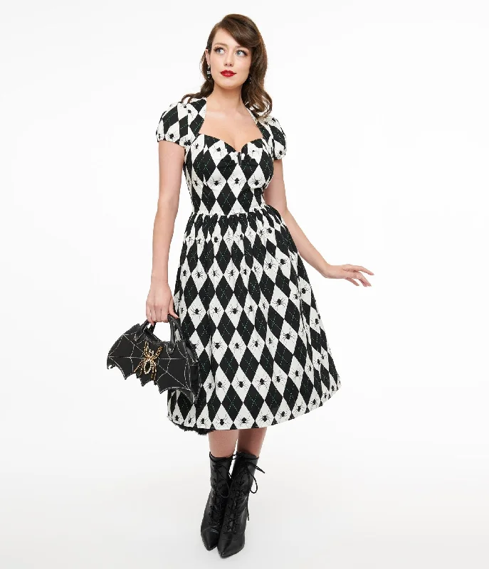 Buy More, Pay Less!Hell Bunny Black & White Argyle Spider Print Regina Fit & Flare Dress